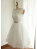 Boat Neck Ivory Lace Tulle Short Wedding Dress With Beaded Belt